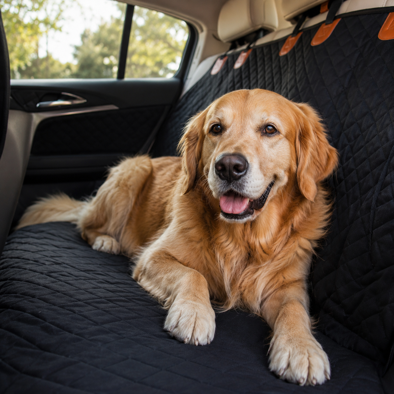 Dog behind mesh window of the seat cover